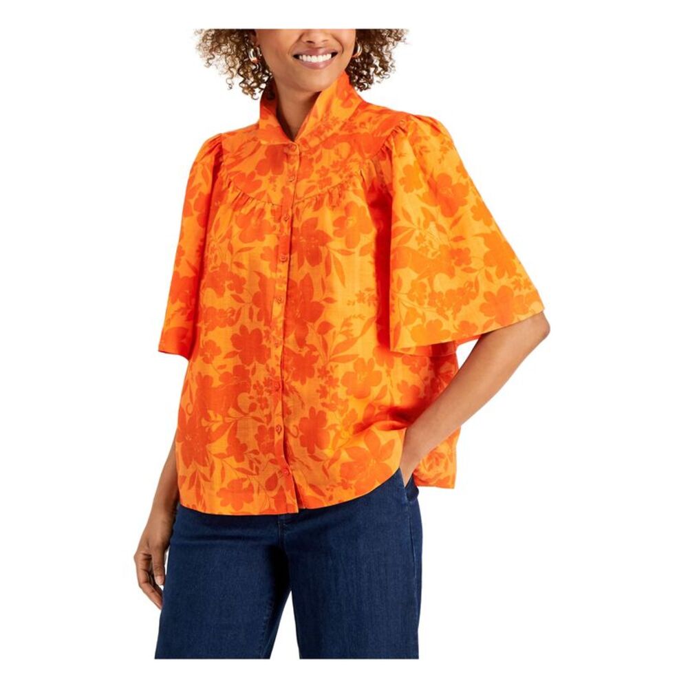 CHARTER CLUB LUXURY Womens Orange Elbow Sleeve Collared Button Up Top Petites PL